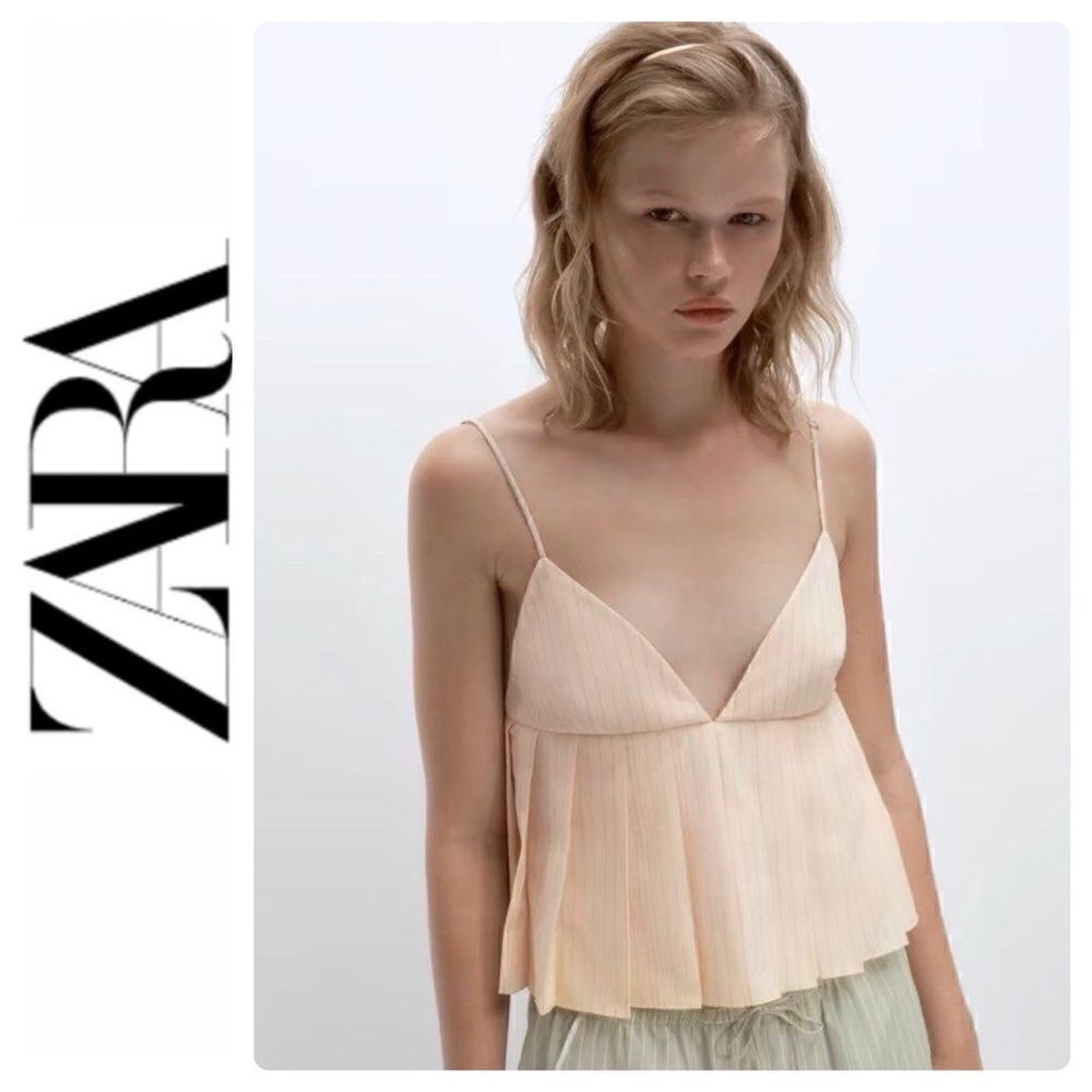 NWT Zara Cotton Striped Pleated Babydoll Spaghetti Strap Cropped Top, Size XS